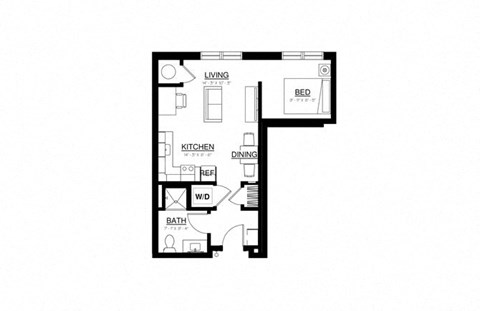 Floor plan for studio, 1 bath, 528 sqft